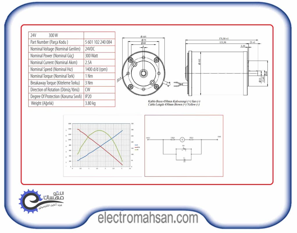 الکتروموتور دیسی صنعتی، 300 وات، 24 ولت، 1400 دور، مدل کرماس ترکیه