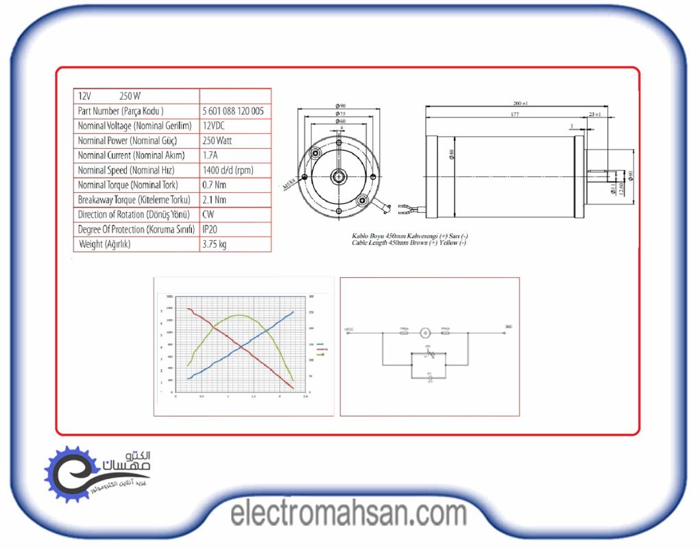 الکتروموتور دیسی صنعتی، 250 وات، 12 ولت، 2800 دور، مدل کرماس ترکیه