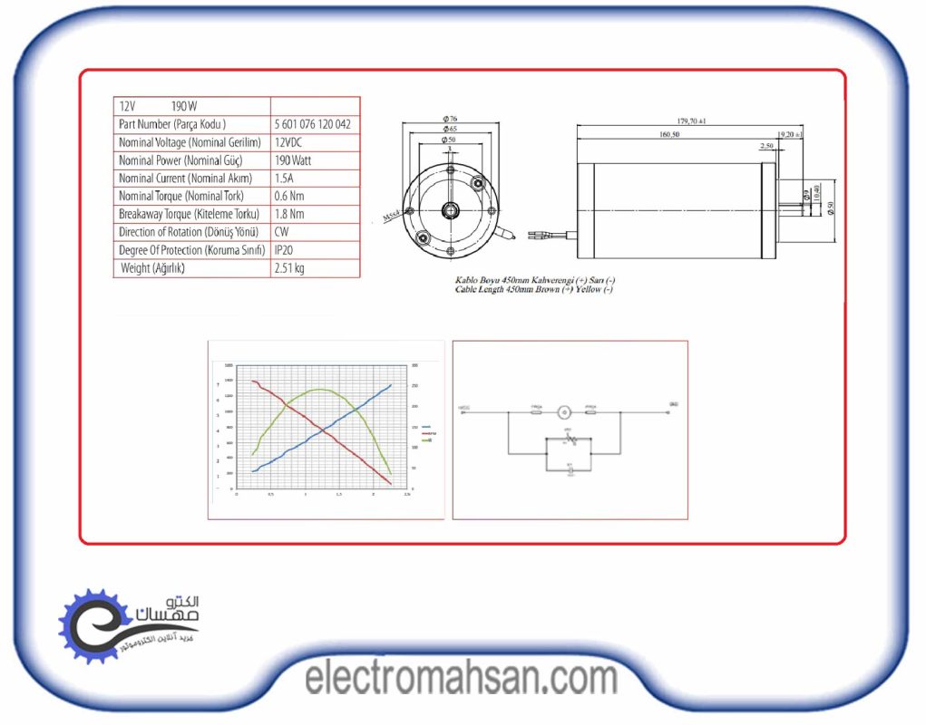 الکتروموتور دیسی صنعتی، 190 وات، 12 ولت، 2800 دور، مدل کرماس ترکیه
