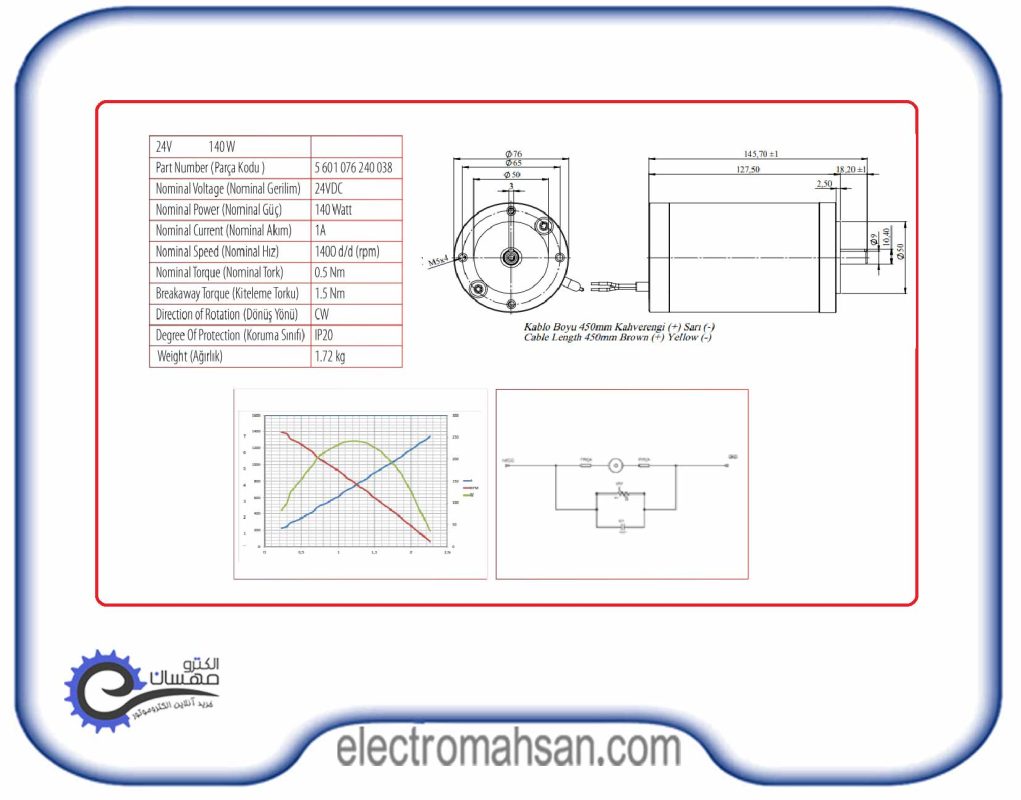الکتروموتور دیسی صنعتی، 140 وات، 24 ولت، 1400 دور، مدل کرماس ترکیه