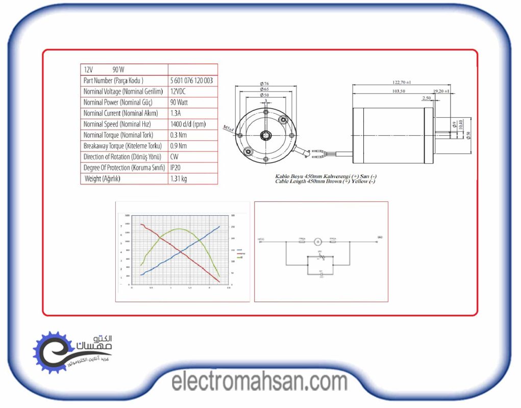 الکتروموتور دیسی صنعتی، 90 وات، 12 ولت، 2800 دور، مدل کرماس ترکیه