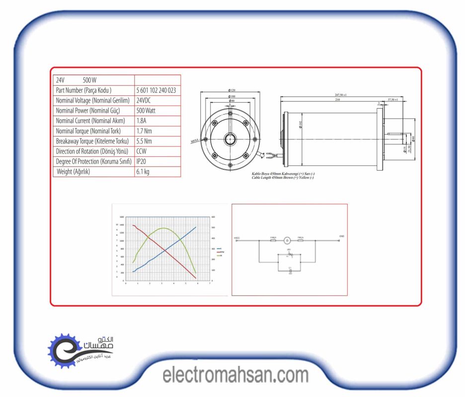 الکتروموتور دیسی صنعتی، 500 وات، 24 ولت، 2800 دور، مدل کرماس ترکیه