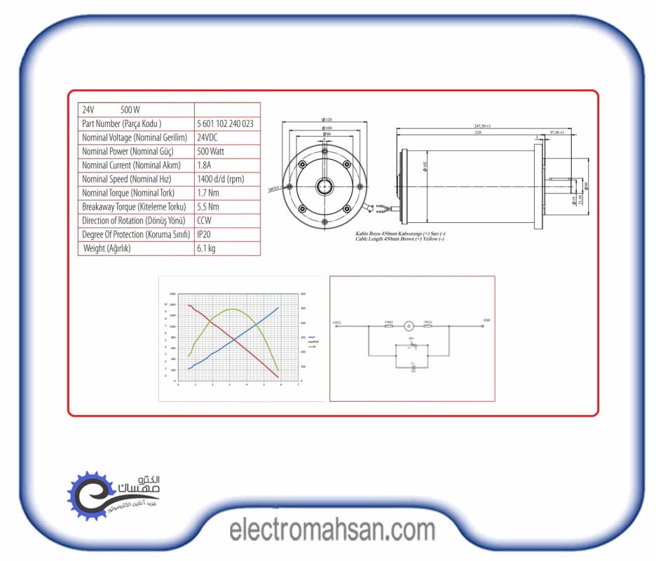 الکتروموتور دیسی صنعتی، 500 وات، 24 ولت، 1400 دور، مدل کرماس ترکیه