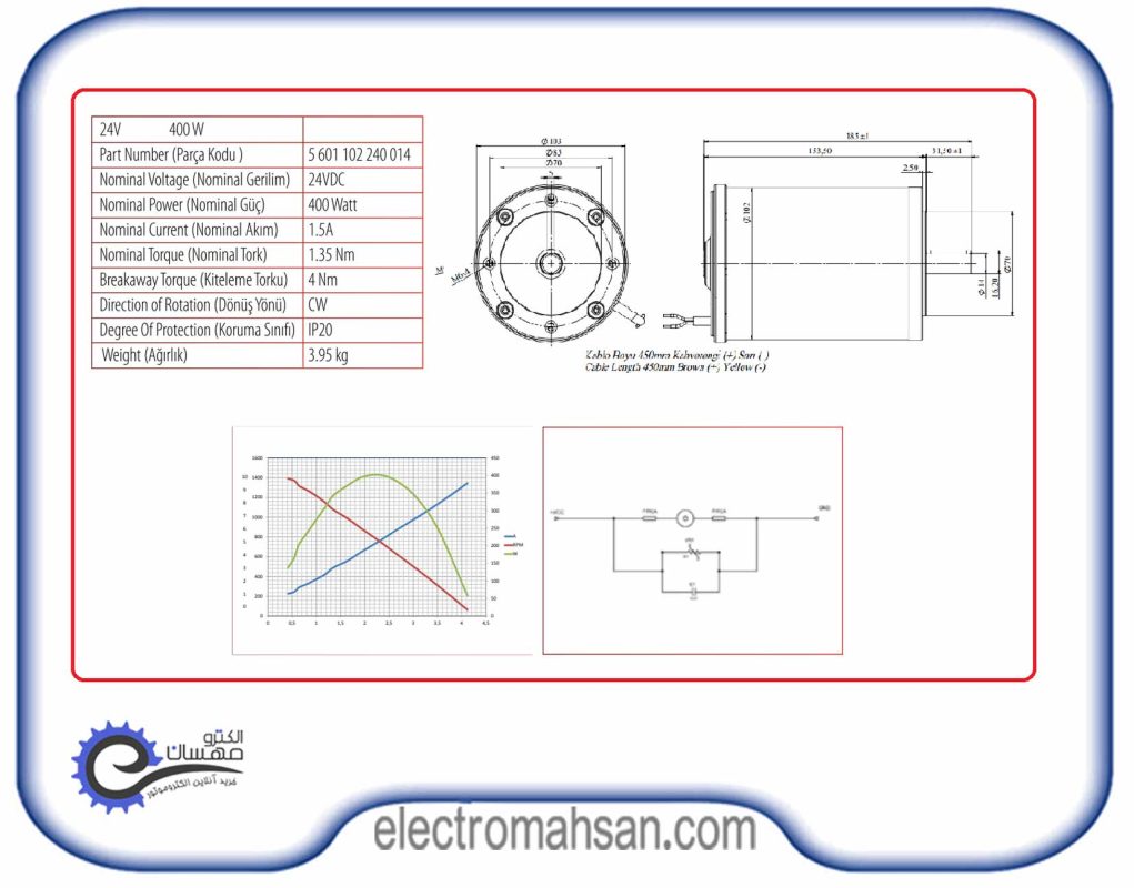 الکتروموتور دیسی صنعتی، 400 وات، 24 ولت، 2800 دور، مدل کرماس ترکیه