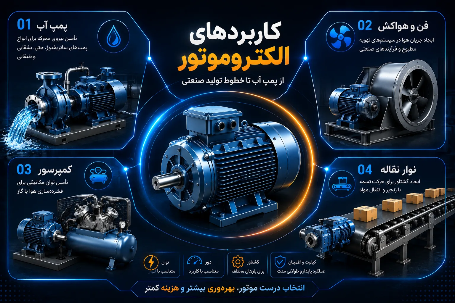 کاربردهای الکتروموتور در صنایع مختلف